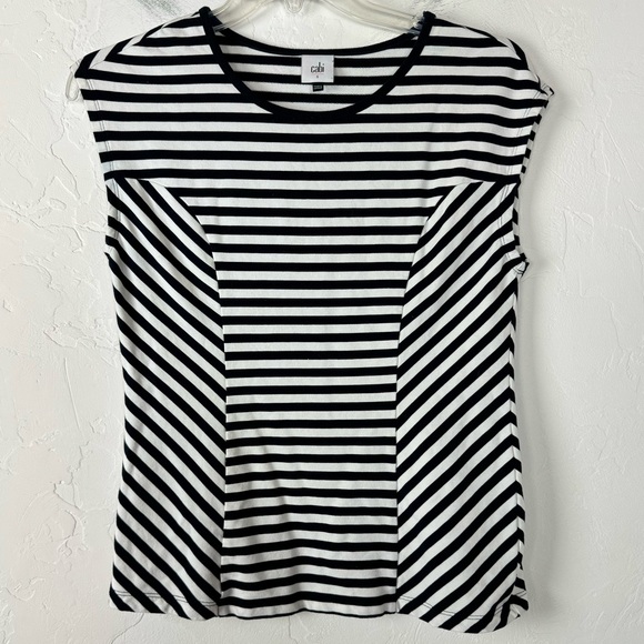 Cabi Shirt Knit Top Tee Illusion Striped Navy Blue White Scoop Neck Cap Sleeve‎ - Picture 1 of 6